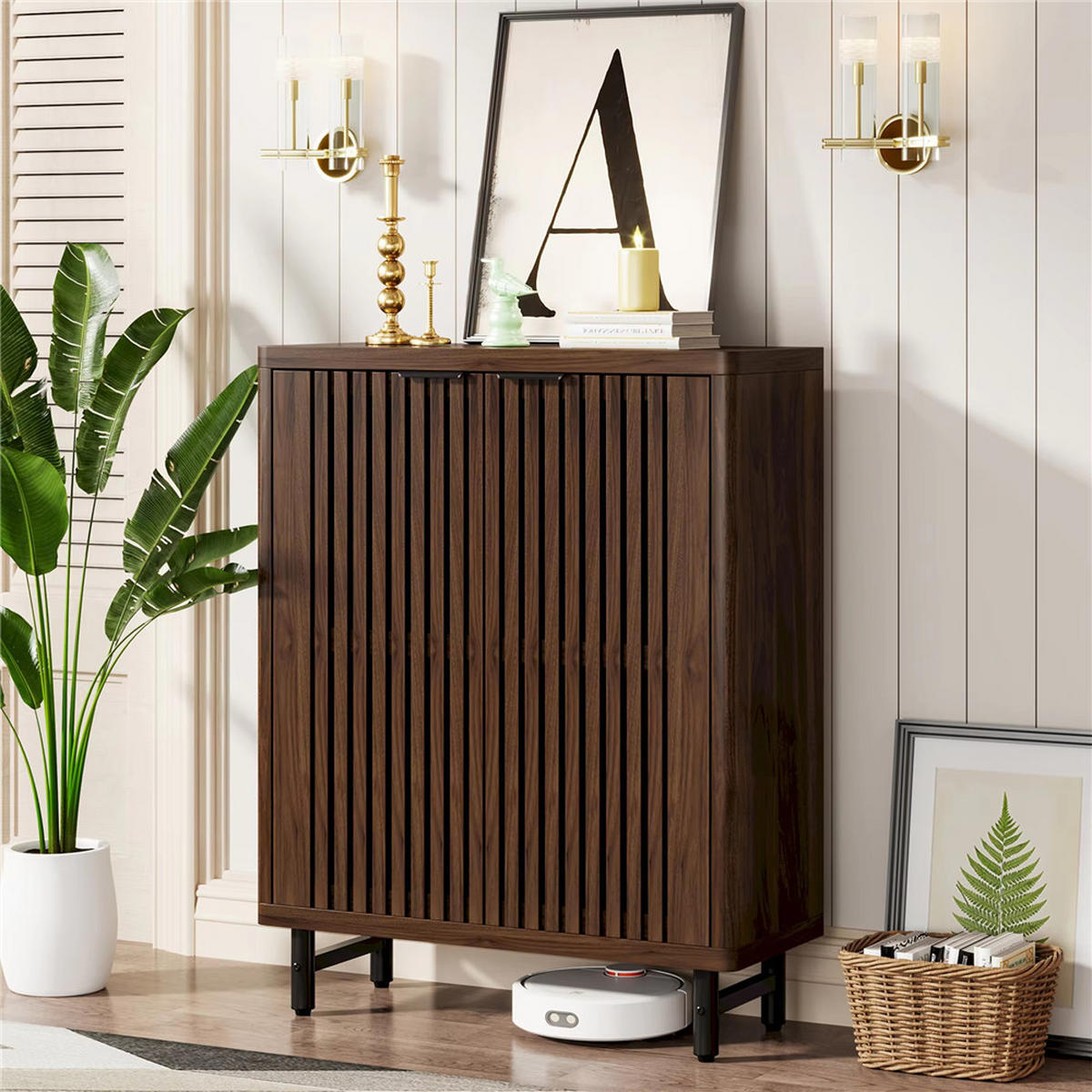 SCHUHSCHRANK mit Lamellentüren, Verstellbaren Regalen - Braun, Naturmaterialien (85/110/35cm) - Kaket