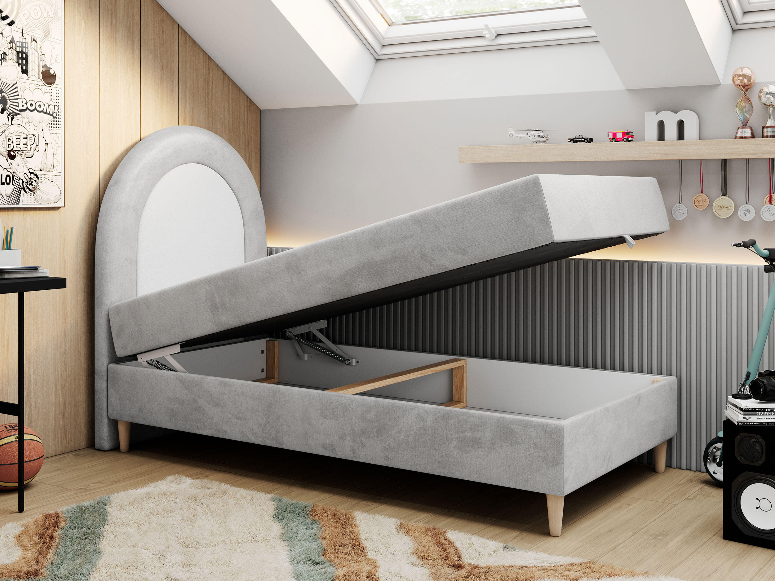 Thumbnail - MKS Boxbett, Hellgrau, Textil, 1-Sitzer, Rechteckig, 90x180 cm, Kinder- & Jugendzimmer, Jugendmöbel, Jugendbetten