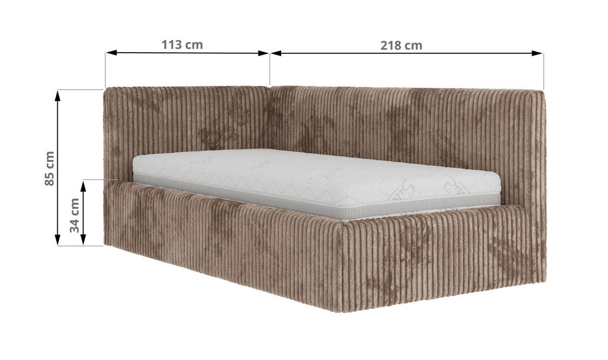 POLSTERBETT TILVO 90/200 - Braun Cord - Taschenfederkernmatratze - Links - Braun, Textil (90/200cm) - MKS