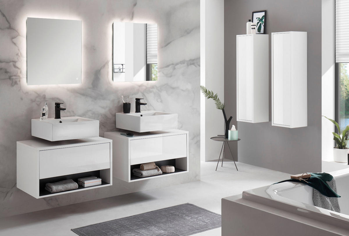 BADMÖBEL-SET 6-teilig weiß Hochglanz, grau, Komplettset mit LED Beleuchtung - Weiß Hochglanz/Grau, Glas/Holzwerkstoff (250/190/46cm) - Furn.Design