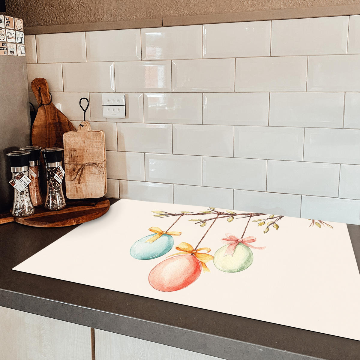 HERDABDECKPLATTE Osterkuchen - Schleife - Eier Induktionsschutz 81.6x52.7 cm - Creme, Kunststoff (81.6/52.7/0.2cm) - MuchoWow