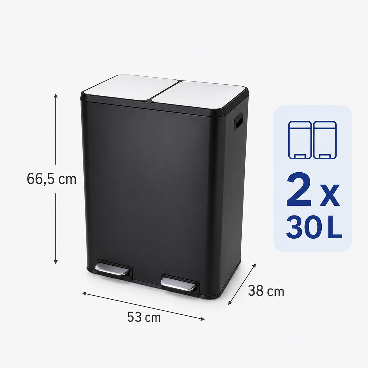 SMETNJAK Črn 2-predelni 2x30 l - črna, kovina/umetna masa (53/66.5/38cm) - Relaxdays
