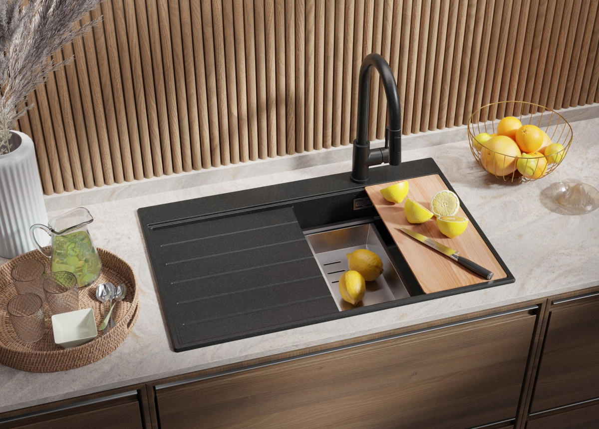 SPÜLBECKEN Sydney, 2-er set Anthrazit 78/50 cm 1 Becken + Ablauf-Set + Küchenzubehörset ab 45er Unterschrank - Chromfarben/Anthrazit, Kunststoff (78/20/50cm) - Primagran