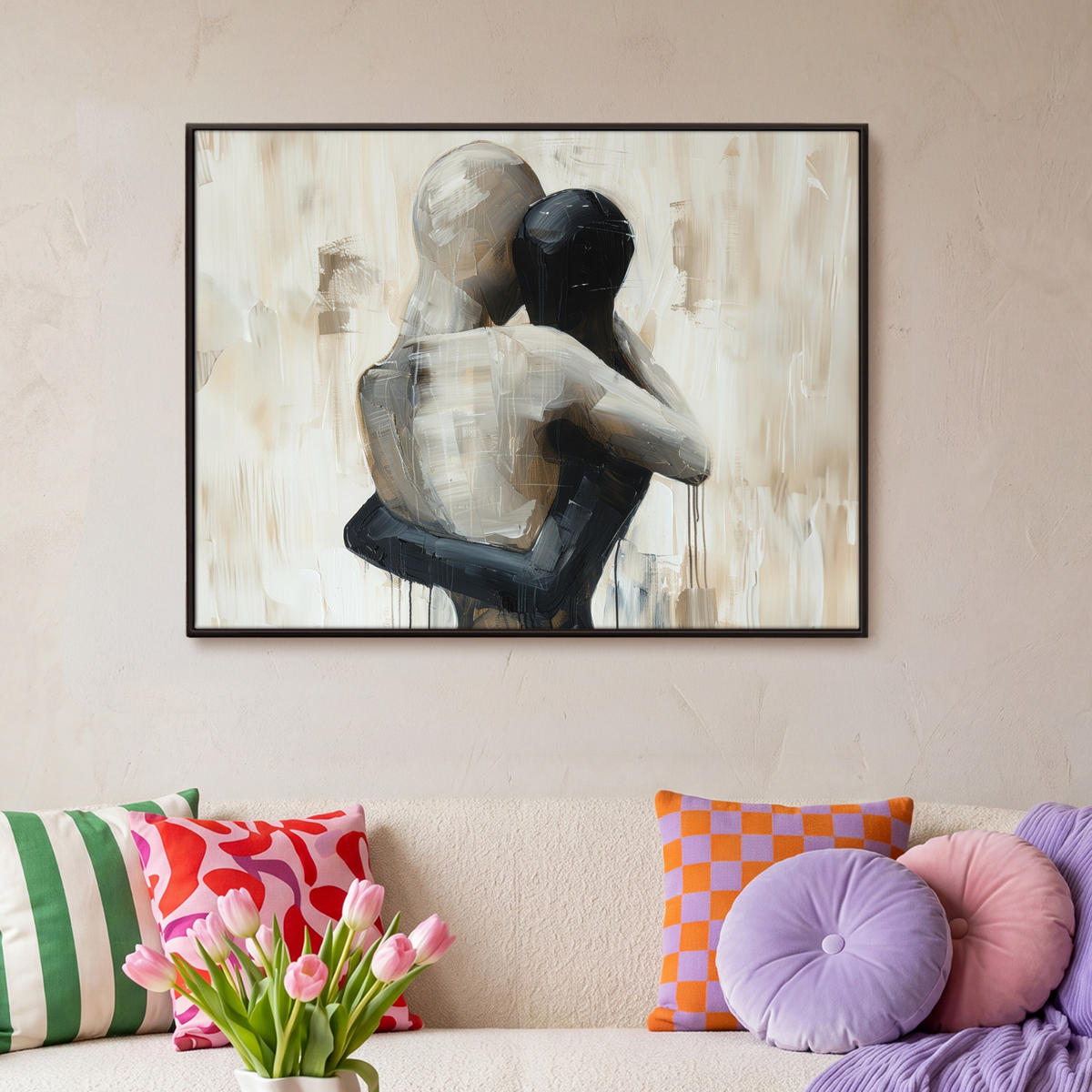 LEINWAND Bilder mit Rahmen - Abstrakt - Liebe - Schwarz und weiß - Modern - 100x70 - Schwarz, Textil (100/70cm) - MuchoWow