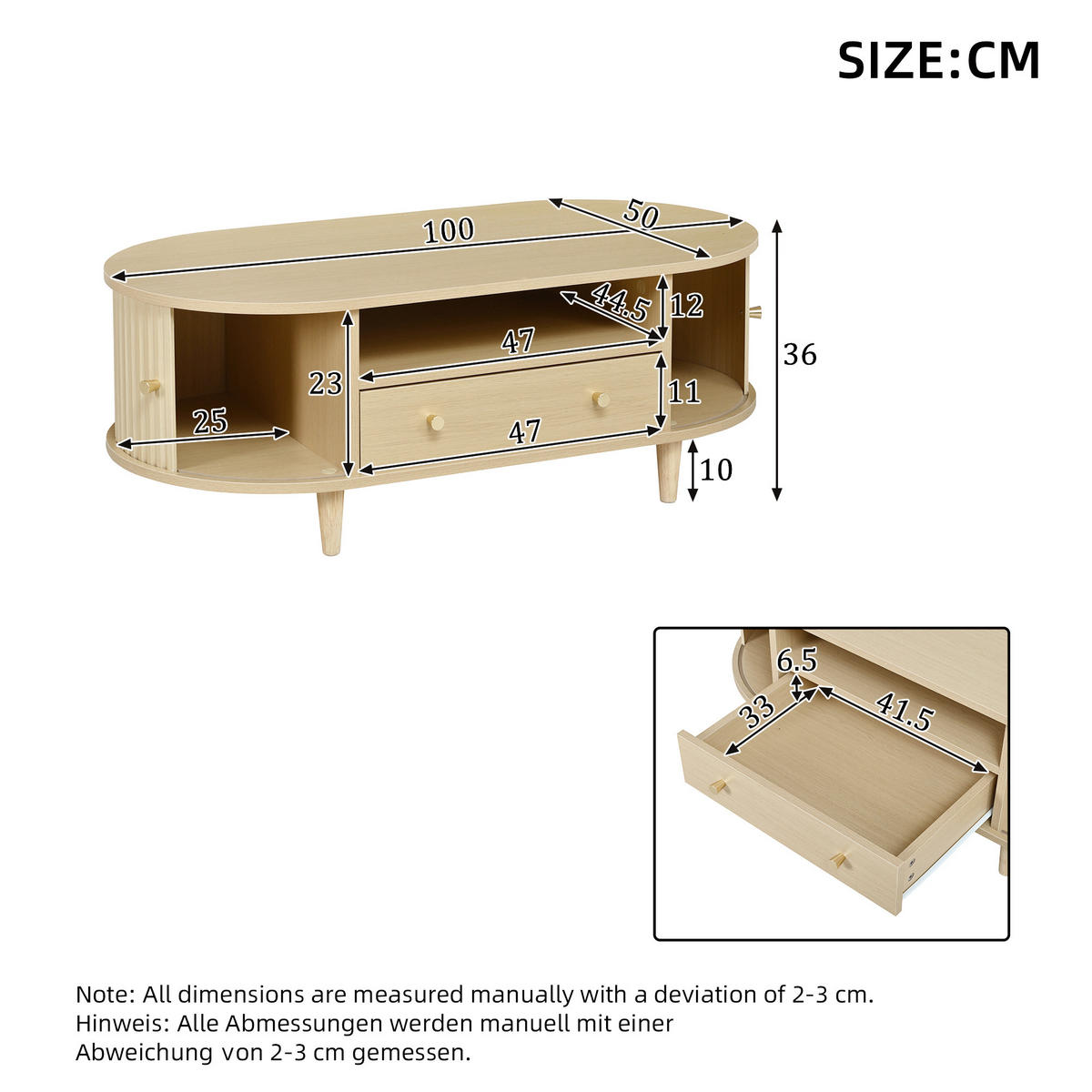 COUCHTISCH 100/50/36 cm holzfarben aus MDF mit Schublade und Rolltür - Eichefarben, Holzwerkstoff (100/50/36cm) - OKWISH