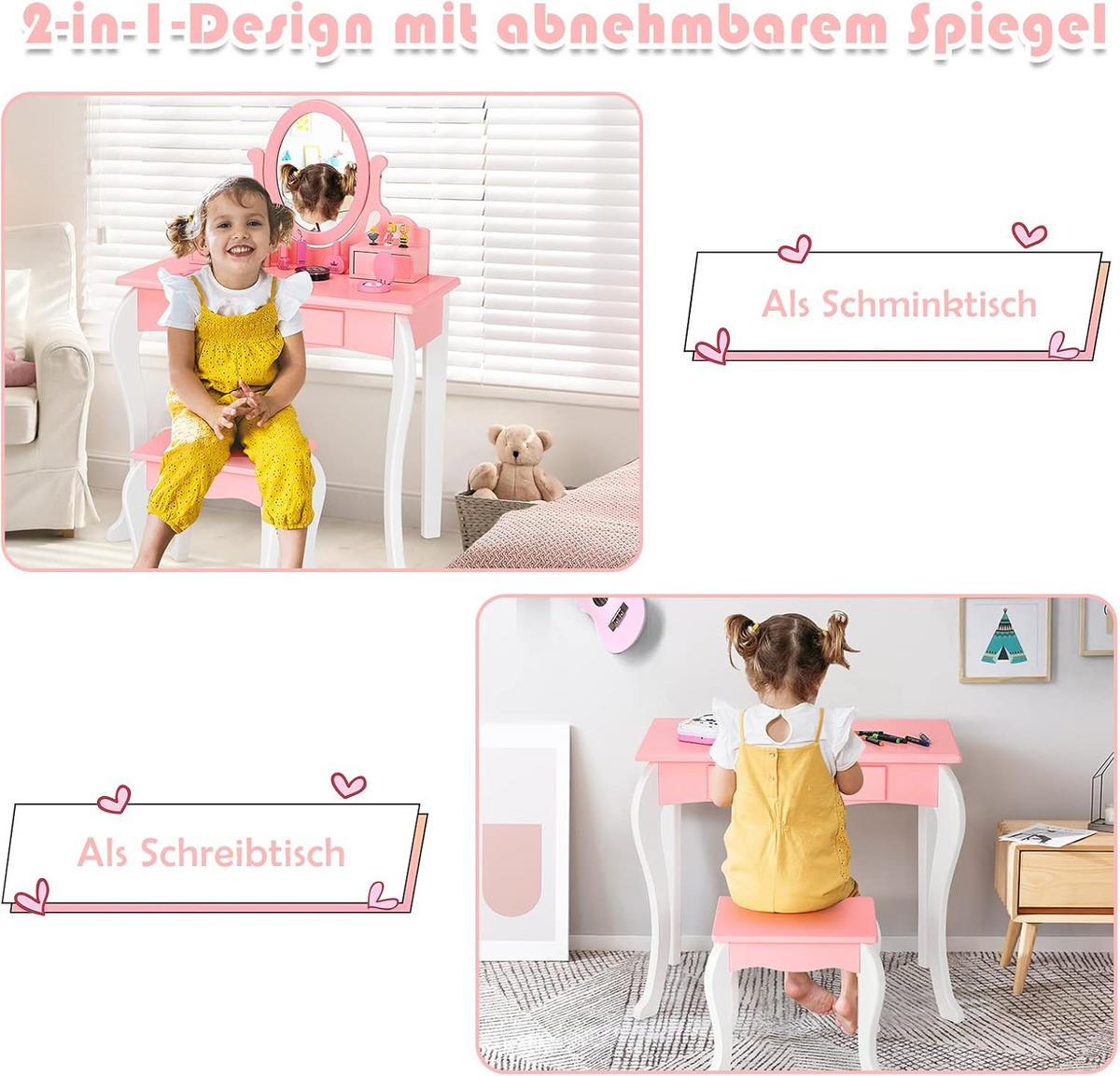 KINDER SCHMINKTISCH mit Hocker Pink - Pink, Holz (34/100/70cm) - COSTWAY