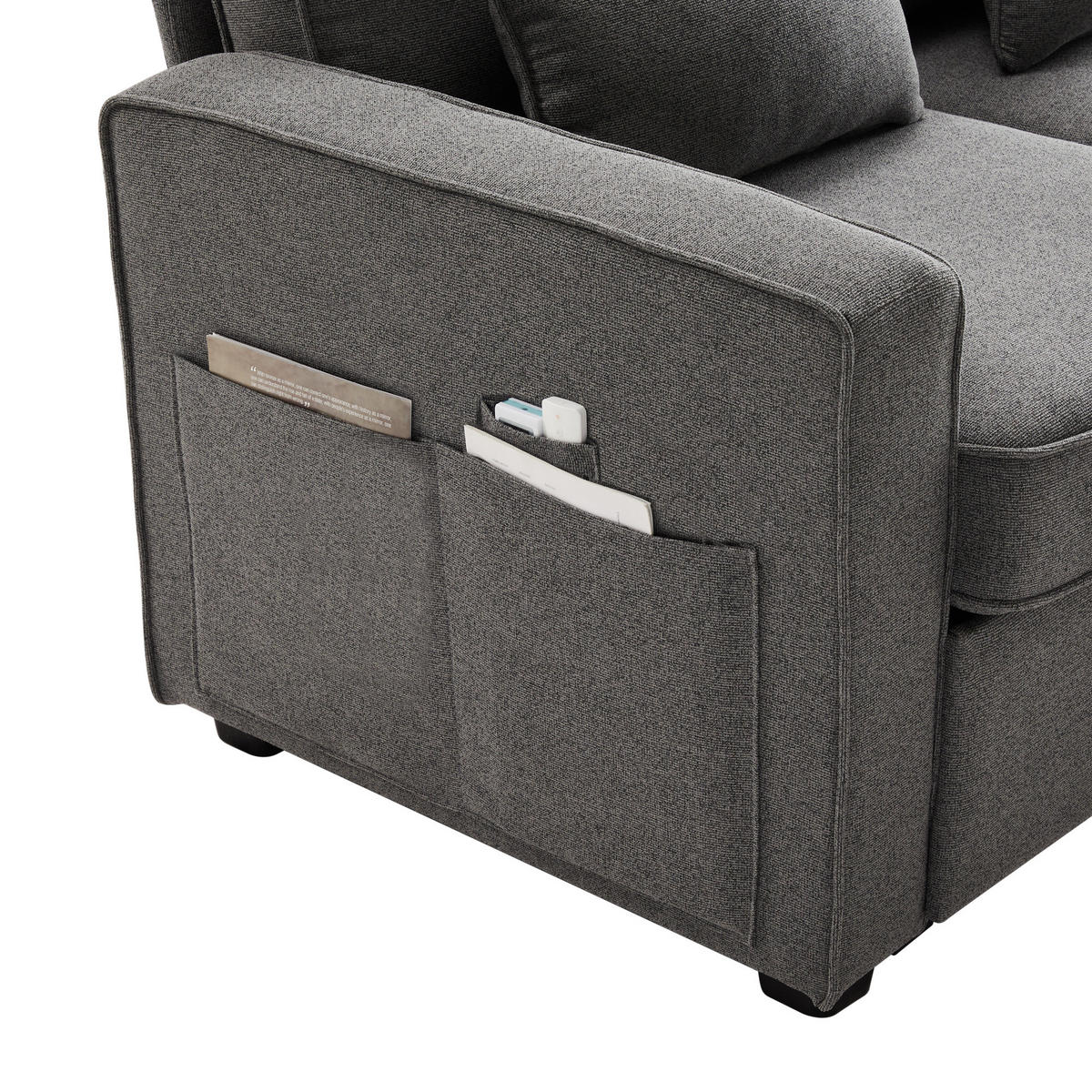 SOFA-4-SITZER,2 USB-Anschlüsse, 2 Getränkehalter, 4 Kissen, Leinen, Dunkelgrau - Grau, Textil (83/88/290cm) - Meubles Cosy