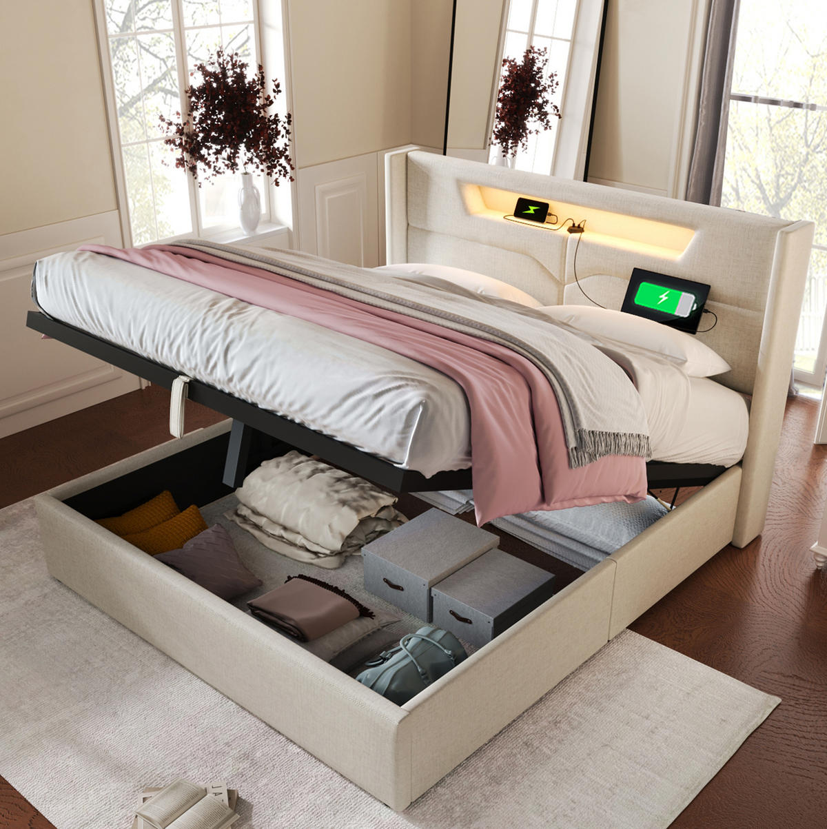 POLSTERBETT 160/200 cm mit LED-Beleuchtung, USB- und Type-C-Anschluss sowie Bettkasten, Beige - Beige, Textil (160/200cm) - Redom