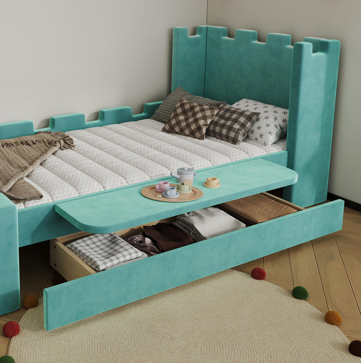 POLSTERBETT Burg-Design 90/200 cm Blaugrün mit Schublade und Klappablage, ohne Matratze - Petrol, Textil (90/200cm) - MIVRAY