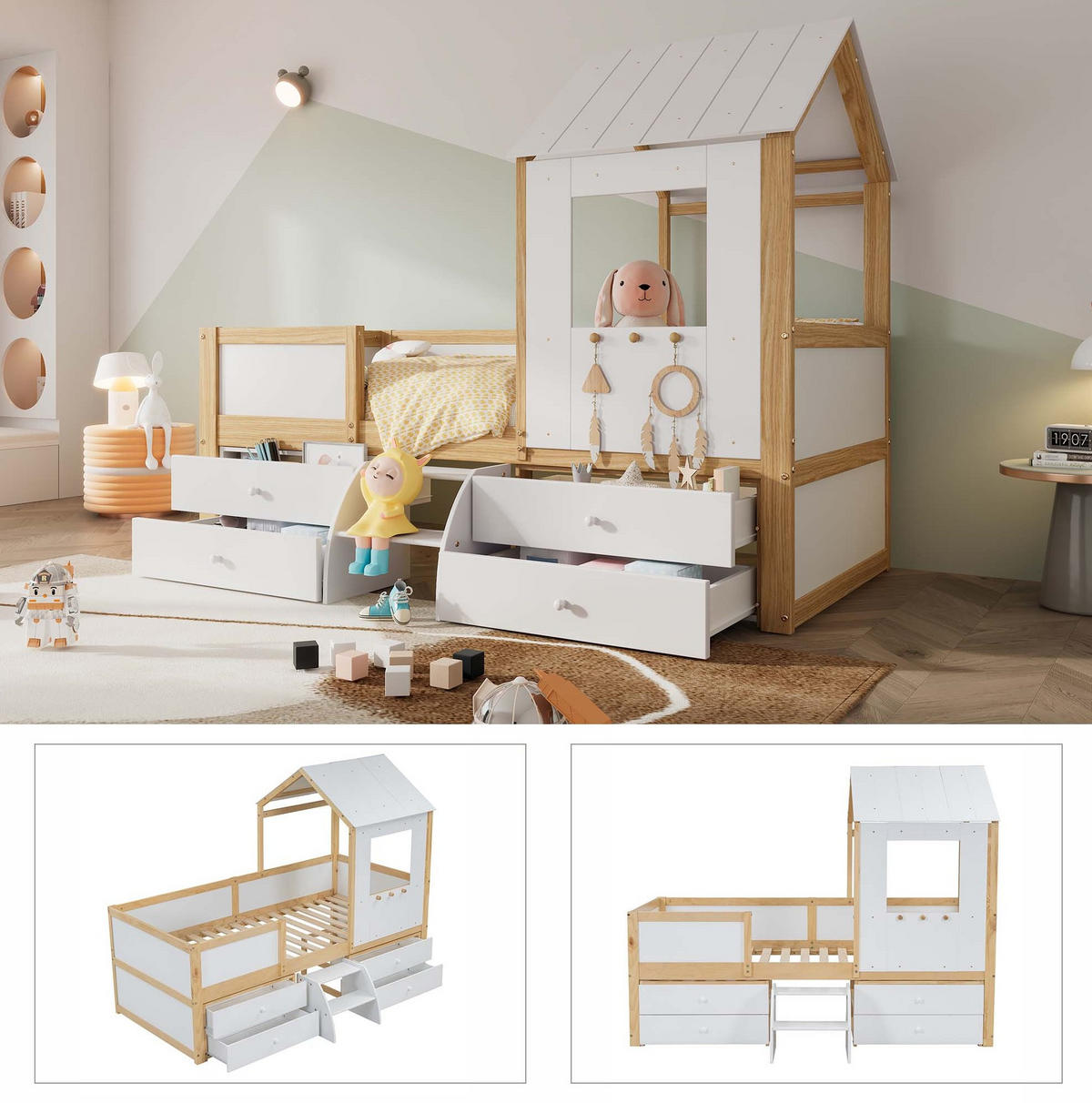 KINDERBETT aus Kiefer, MDF und Sperrholz 90x200 cm Weiß/Natur mit Dach, Fenster, 4 Schubladen und kleiner Treppe - Weiß, Holzwerkstoff (90/200cm) - Modfu