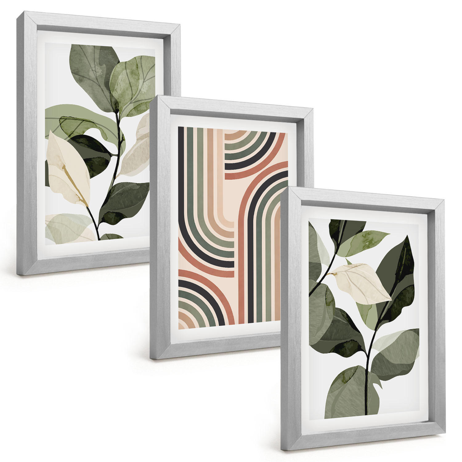 BILDER SET 3er Set - 20x30 cm Silberner Rahmen - Geometrische Pflanzenmotive - Silberfarben, Kunststoff (20/30cm) - TULUP