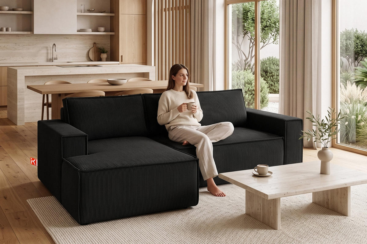 ECKSCHLAFSOFA-LINKS NAPI in Pet Friendly Cord-Stoff, schwarz - Schwarz, Textil (262/148cm) - KONSIMO®