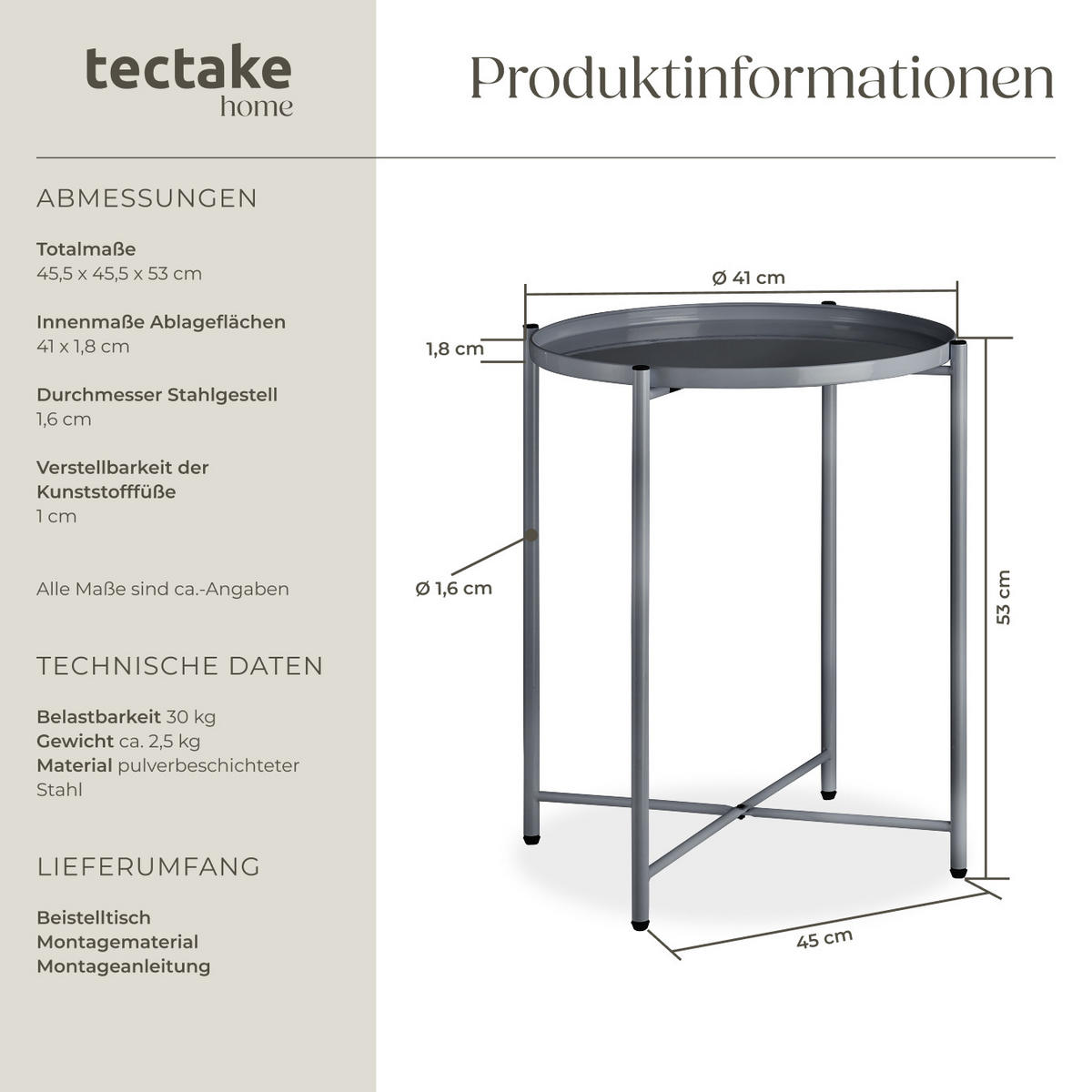 BEISTELLTISCH Chester,45,5 x 45,5 x 53 cm,dunkelgrau - Dunkelgrau, Metall (45.5/45.5/53cm) - tectake