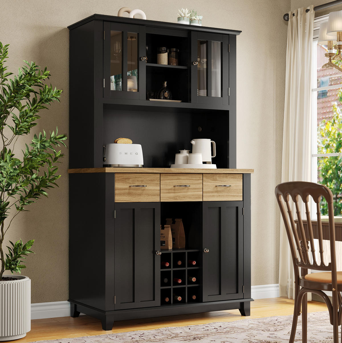 KÜCHENBUFFET 106/40/179,5 cm schwarz aus MDF mit LED - Schwarz, Holzwerkstoff (106/179.5/40cm) - OKWISH