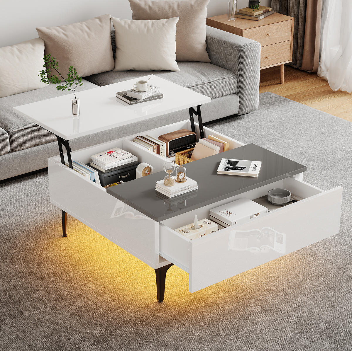 COUCHTISCH 70/70/35 cm mit LED-Beleuchtung und höhenverstellbarer Tischplatte - Weiß, Holzwerkstoff (70/70/35cm) - Flora Grace