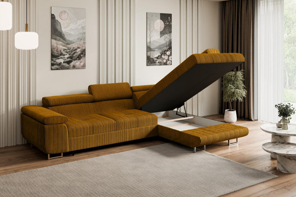 ECKSOFA mit Schlaffunktion und Bettkasten GUSA-L 272x202x107 cm Senfgelb Cord - Gelb/Silberfarben, Holzwerkstoff/Textil (272/202cm) - ALTDECOR