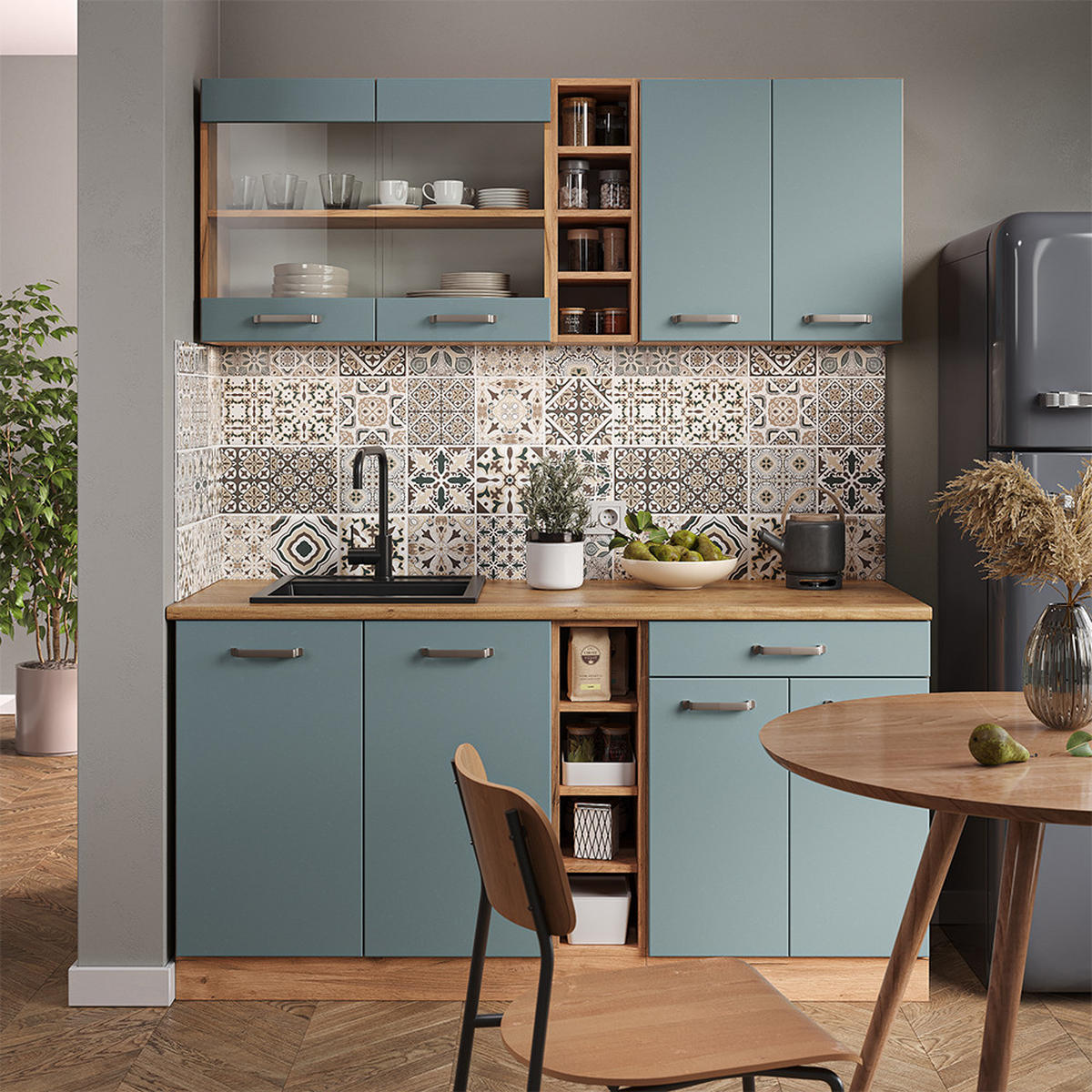 SINGLEKÜCHE KÜCHE R-Line Blau-Grau/Goldkraft Eiche 160 cm ohne AP - Eiche Wotan/Blaugrau, Holzwerkstoff (160/81.6/46cm) - Vicco