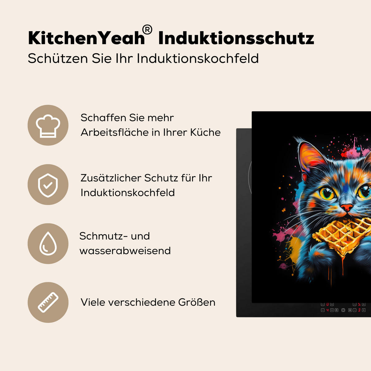 HERDABDECKPLATTE Katze - Graffiti - Bunt - Waffel - Essen Induktionsmatte 78x78 cm - Multicolor, Kunststoff (78/78/0.2cm) - MuchoWow