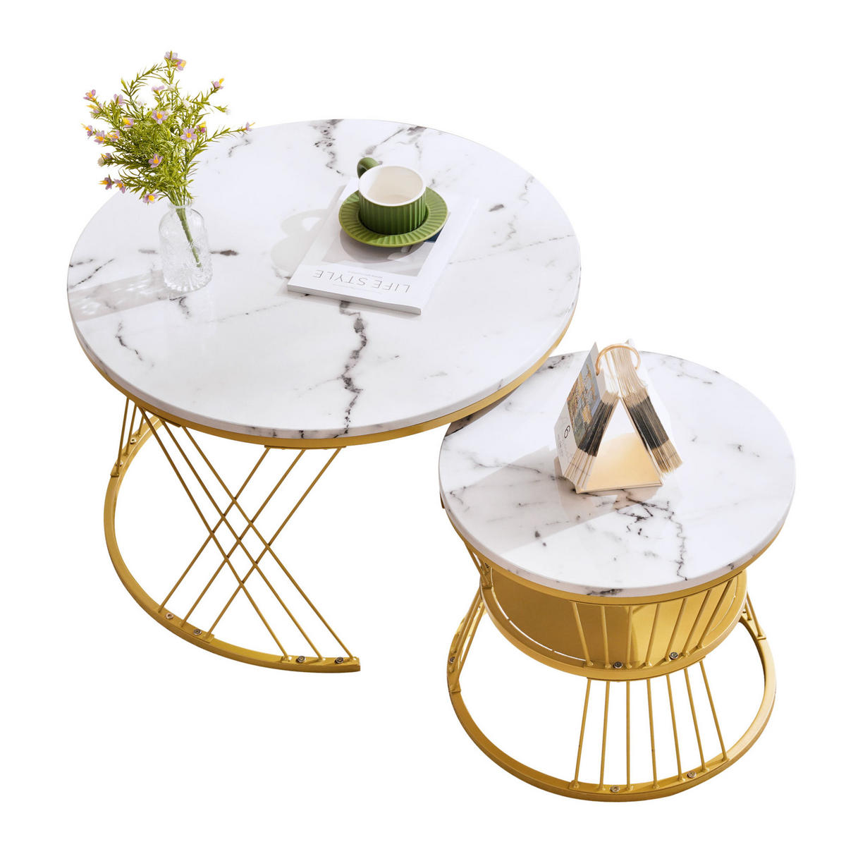 SET klub stolića 70/70/47 i 45/45/40 cm bijeli od MDF-a s visokim sjajem i ugniježđenim dizajnom - bijela, drvni materijal (70/70/45cm) - OKWISH