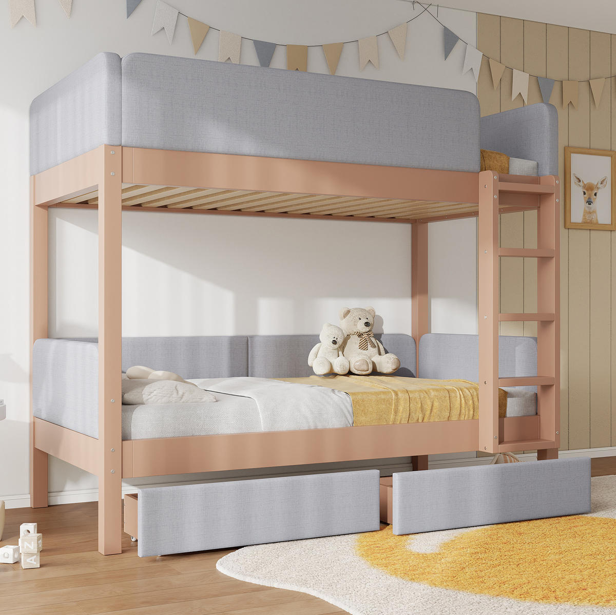 ETAGENBETT 90/200 cm in Grau/Natur mit 2 Schubladen und gerader Treppe - Grau, Holz - BEAOK