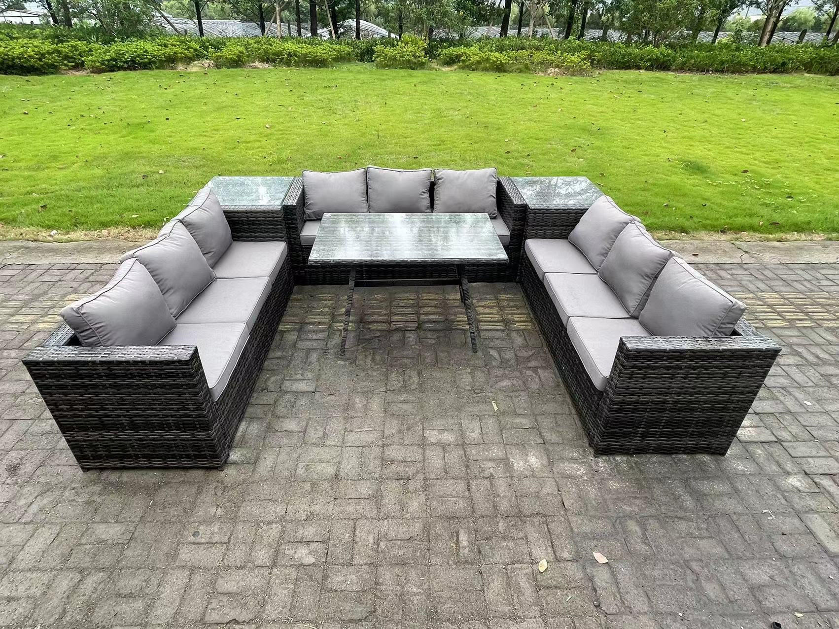 GARTENMÖBELSET mit Esstisch 9-Sitzer Grau - Dunkelgrau/Grau, Glas/Kunststoff - Fimous