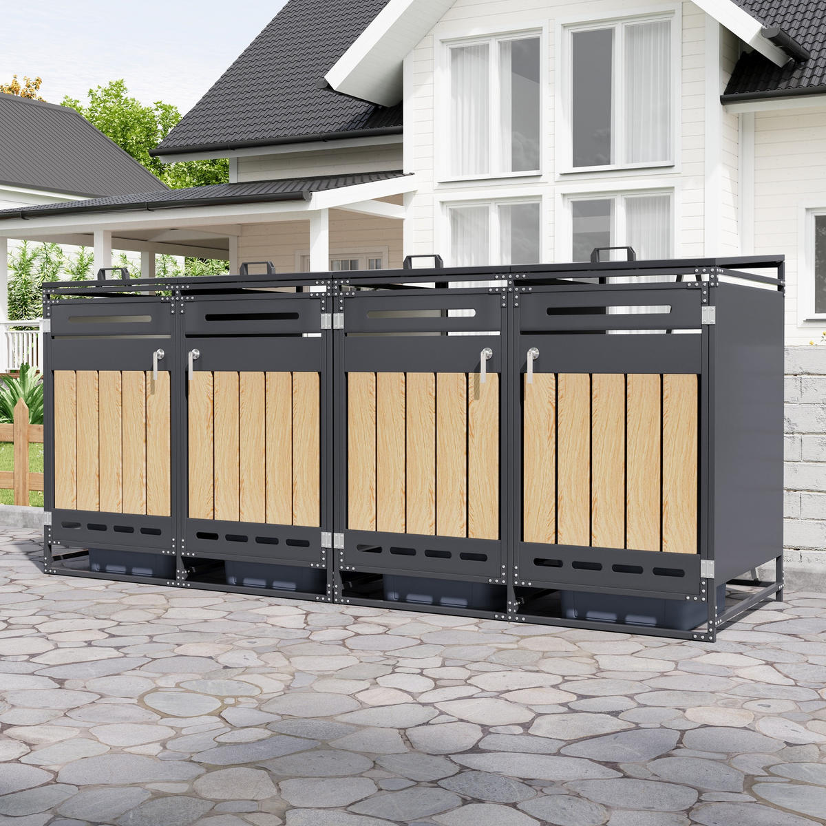 MÜLLTONNENBOX 4er Set Hydraulik Deckel Holzoptik Schloss - Schwarz, Metall (262/116/79cm) - LEBENLANG