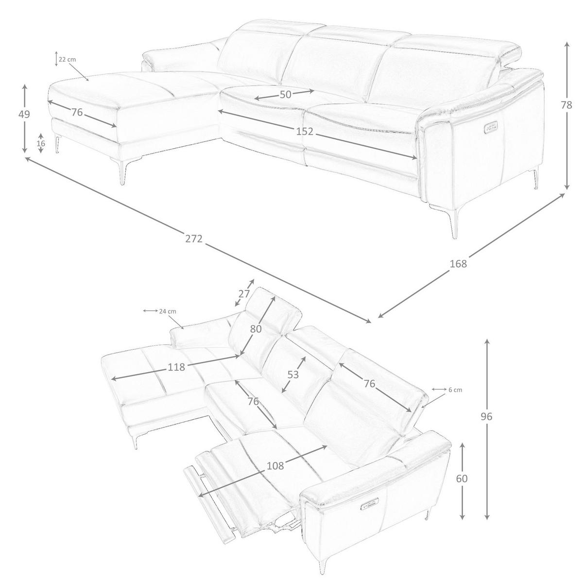 ECKSOFA Linkes Chaiselongue-Relaxsofa aus schwarzem Leder 272/168/96 cm - Schwarz, Leder (272/168cm) - ANGEL CERDA