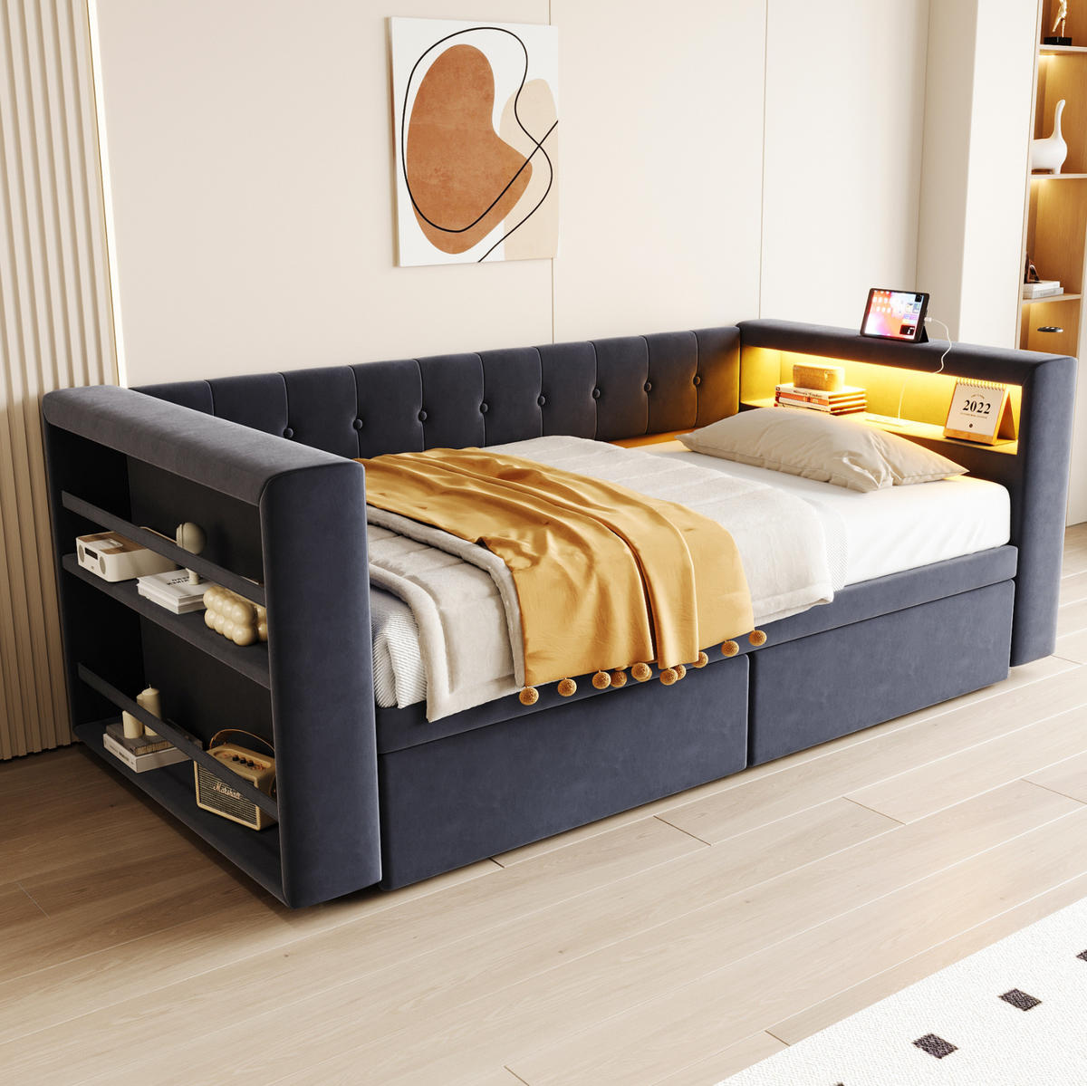 POLSTERBETT 90/190 cm Dunkelgrau aus Flannelette mit LED-Beleuchtung - Dunkelgrau, Textil (90/190cm) - OKMYHOME