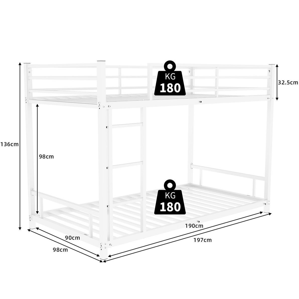 ETAGENBETT 90/180 cm Weiß aus Eisen mit Leiter und Geländer - Weiß, Metall (90/200cm) - OKWISH