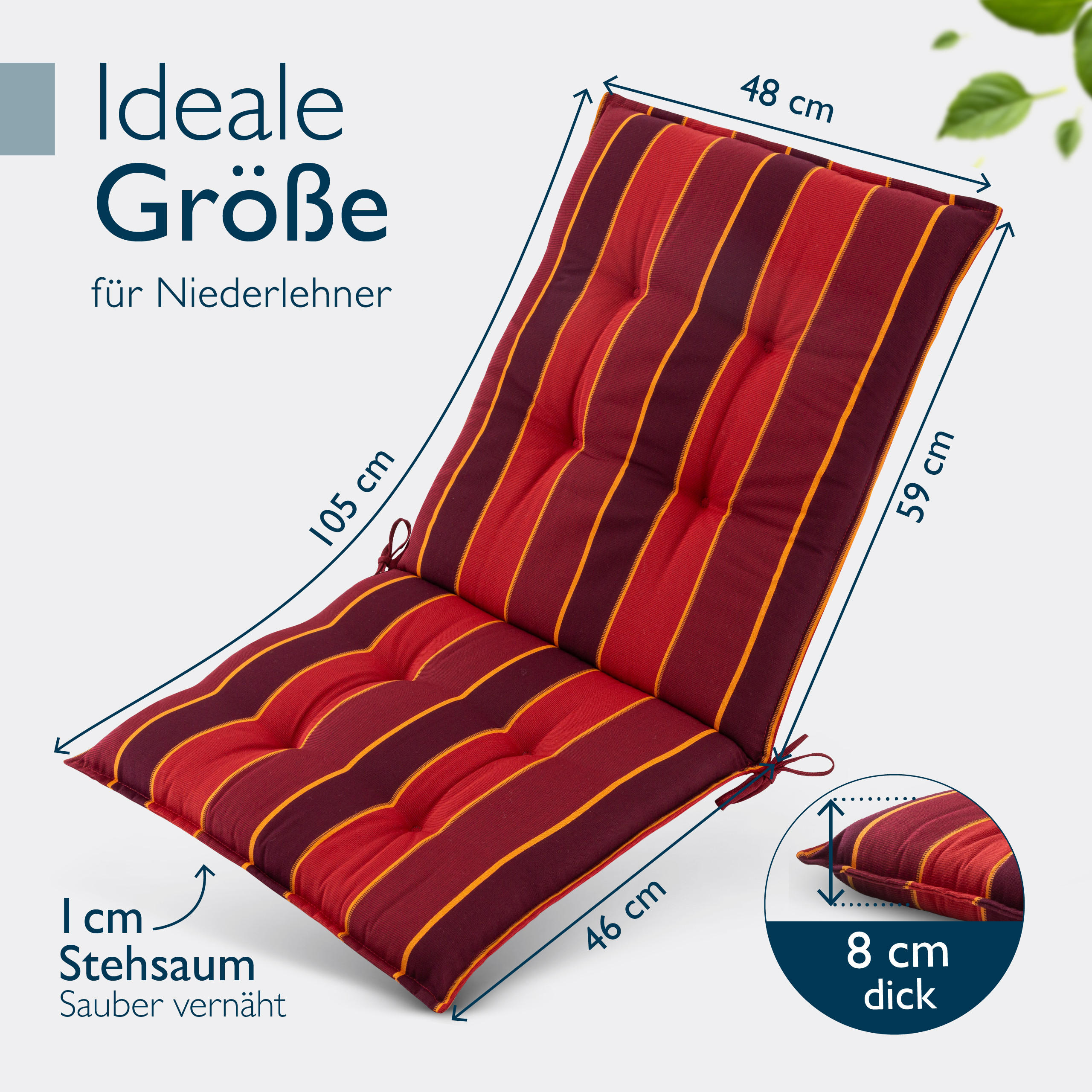 NIEDERLEHNERAUFLAGE Sun-NL 105/50/8cm Rot-Gestreift - Multicolor, Textil (50/8/105cm) - Beautissu 