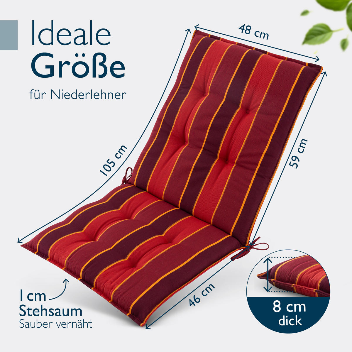 NIEDERLEHNERAUFLAGE Sun-NL 105/50/8cm Rot-Gestreift - Multicolor, Textil (50/8/105cm) - Beautissu 