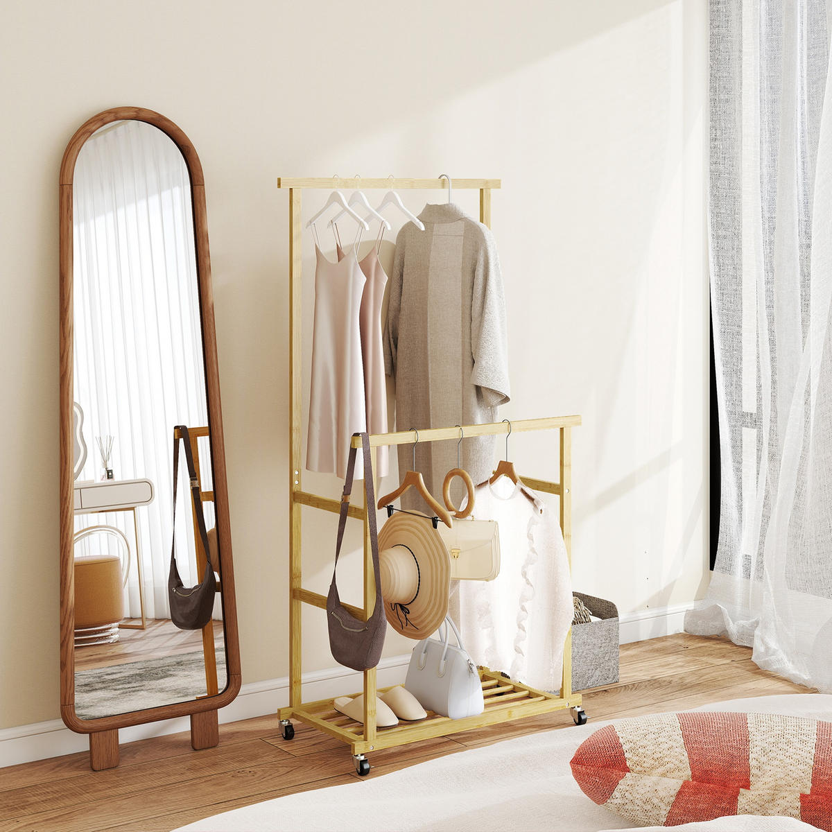 KLEIDERSTÄNDER mit Rollen Garderobenständer mit Kleiderstange Schuhablage Bambus - Naturfarben, Naturmaterialien/Bambusholz (40/160/80cm) - HOMCOM