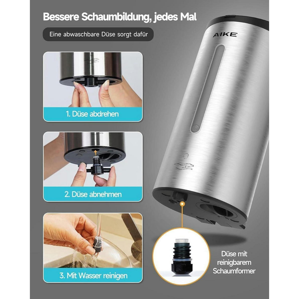 SCHAUMSEIFENSPENDER Edelstahl gebürstet 750ml Wandmontage - Silberfarben, Metall (12/11/24cm)