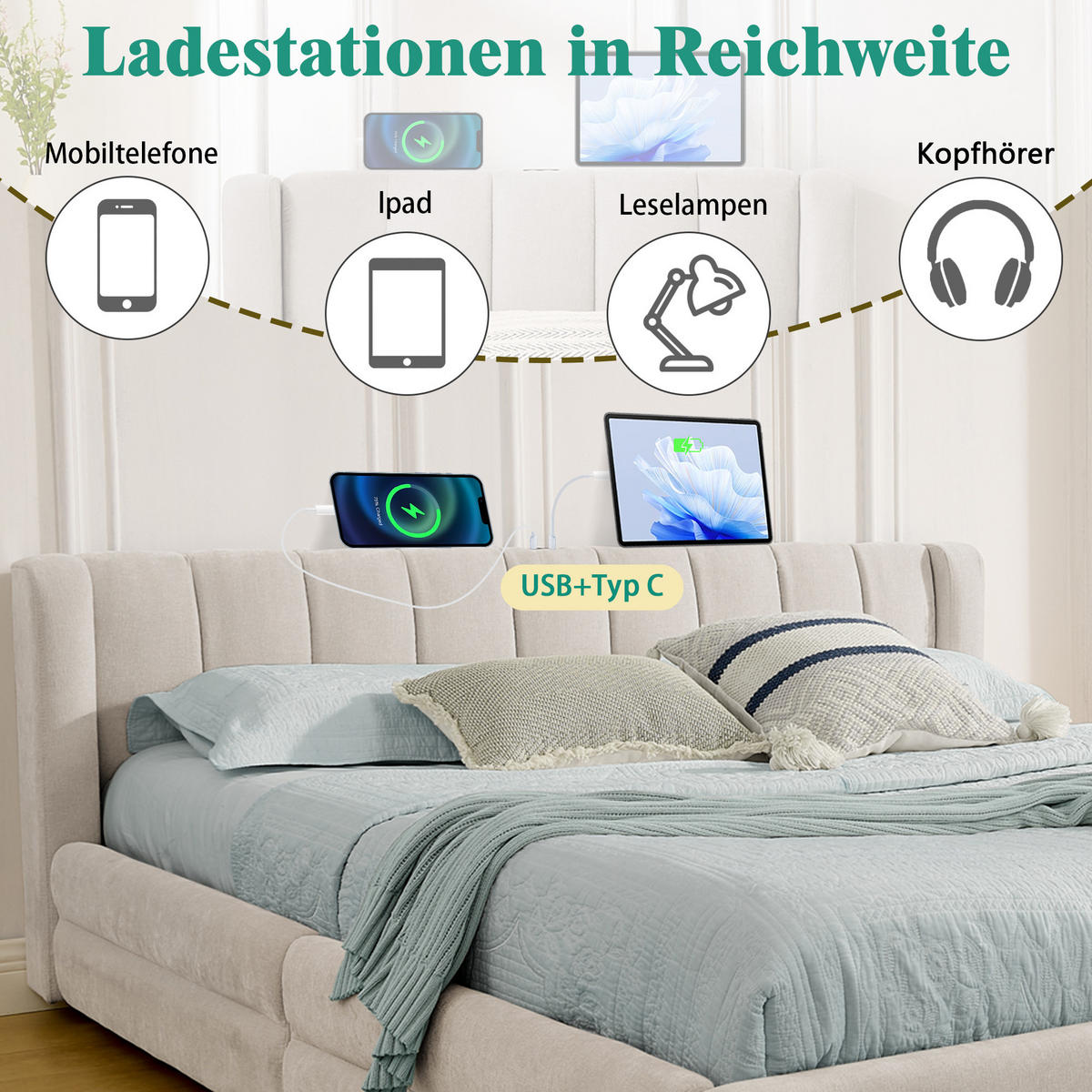 POLSTERBETT 140/200 cm in Beige mit 4 Schubladen, USB und Type-C Chenille - Beige, Holzwerkstoff/Textil (140/200cm) - STILVORA
