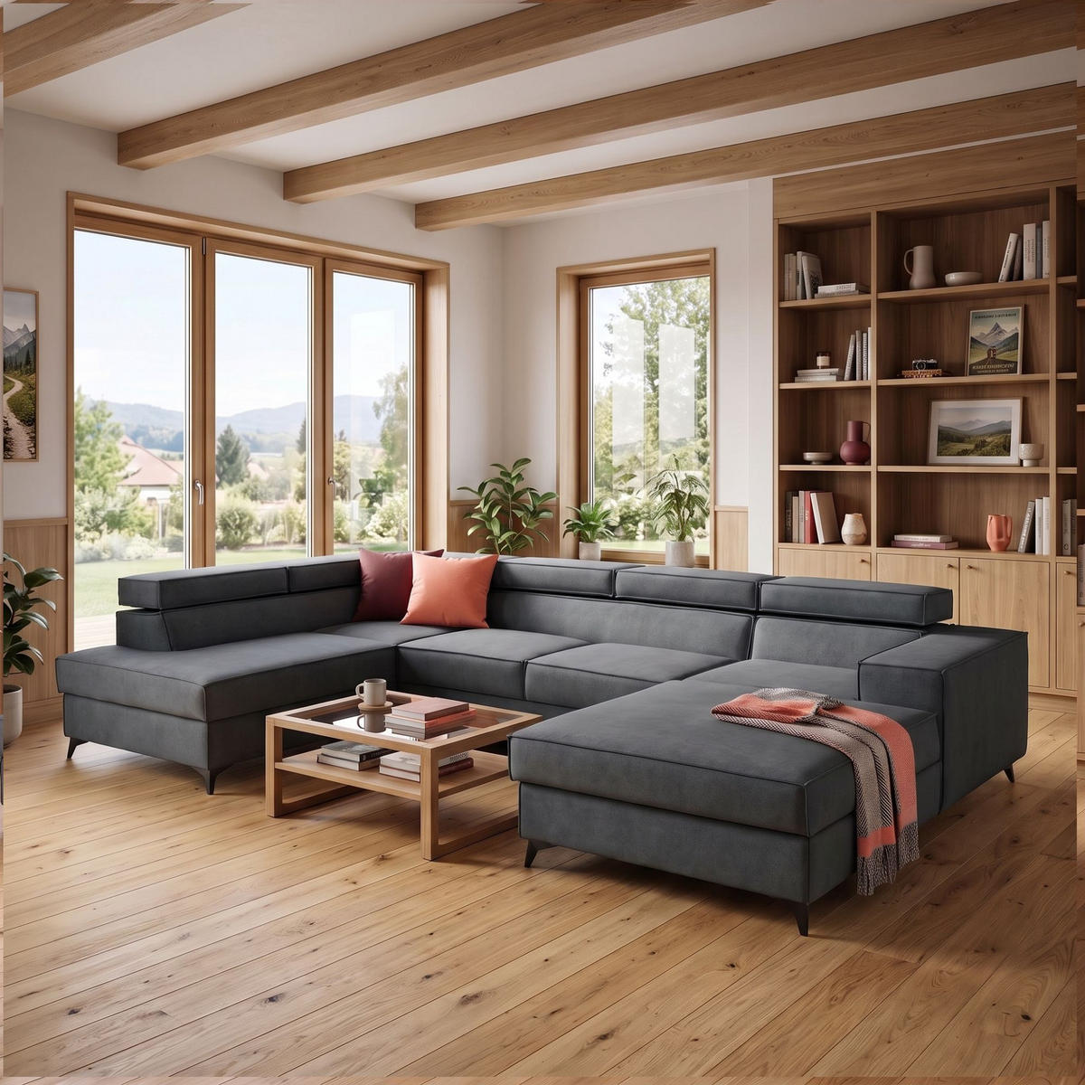 ECKSOFA PURE U Links mit Schlaffunktion 127x270 Velours Grau - Schwarz/Grau, Holz/Textil (340/204cm) - Muffo
