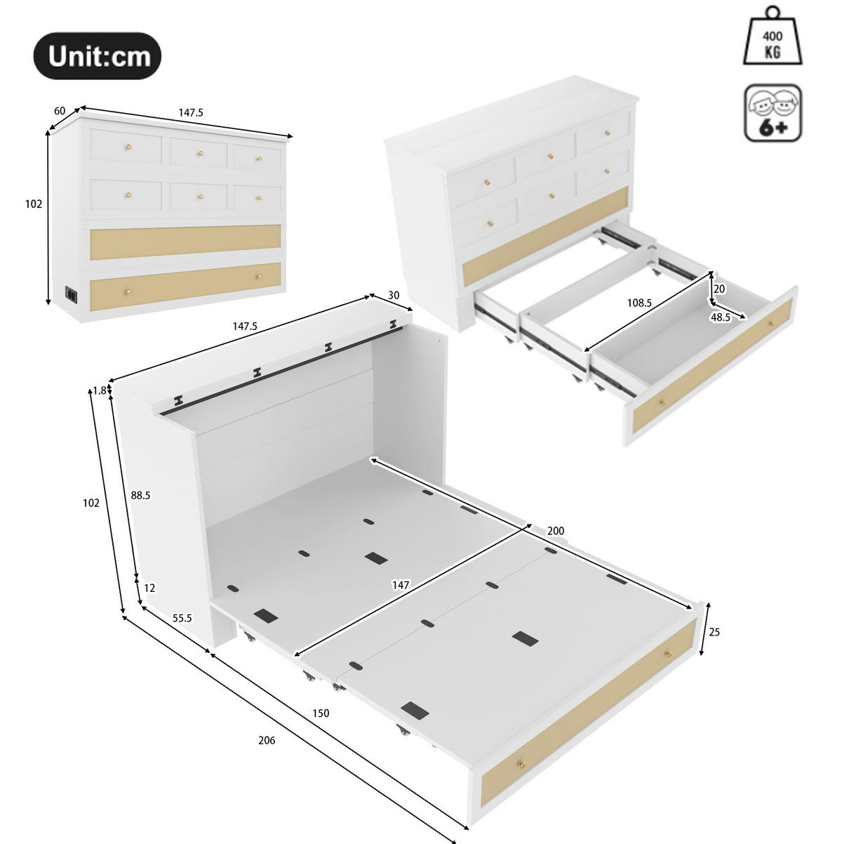 KREVET 140/200 cm s USB priključkom i utičnicom, pretincima za pohranu i pretvorbom u ormar, Bijela - bijela, drvni materijal (140/200cm) - Redom