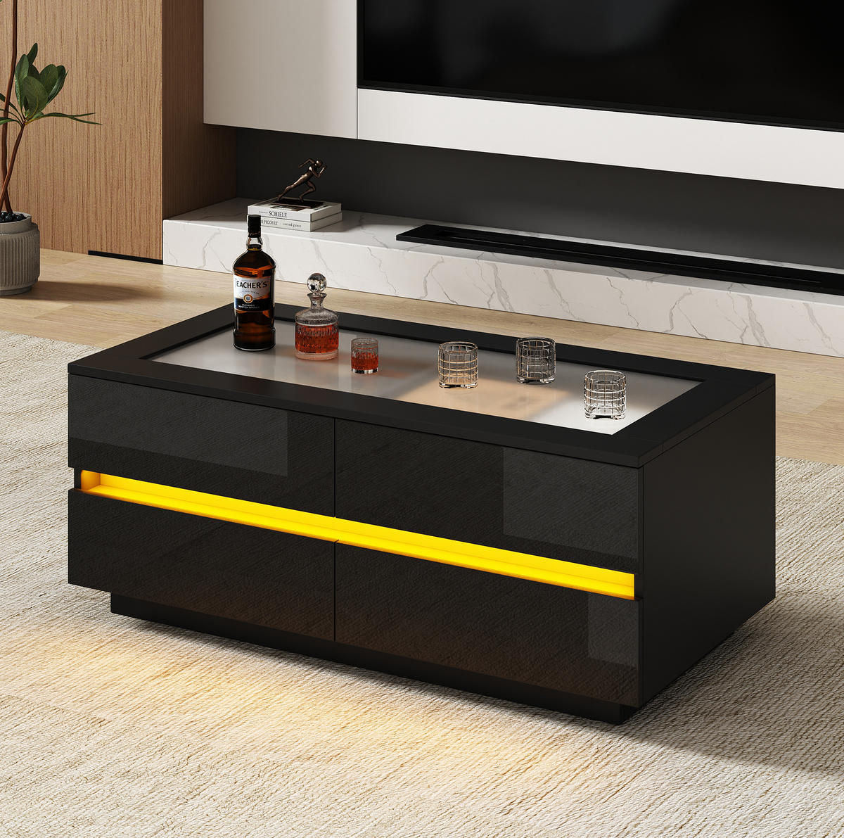 COUCHTISCH 100/50/40 cm schwarz aus Spanplatte mit 4 Schubladen und LED - Schwarz, Holzwerkstoff (50/100/40cm) - OKWISH