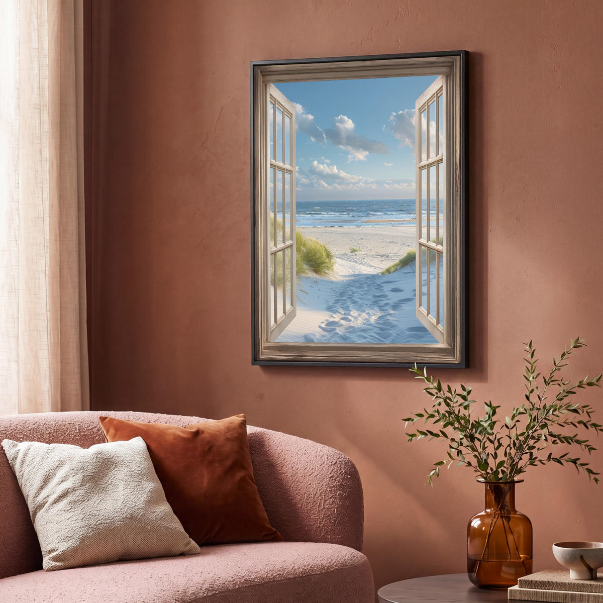 LEINWAND Bilder mit Rahmen - Aussicht - Strand - Fenster - Dünen - Meer - 70x100 - Hellblau, Textil (70/100cm) - MuchoWow