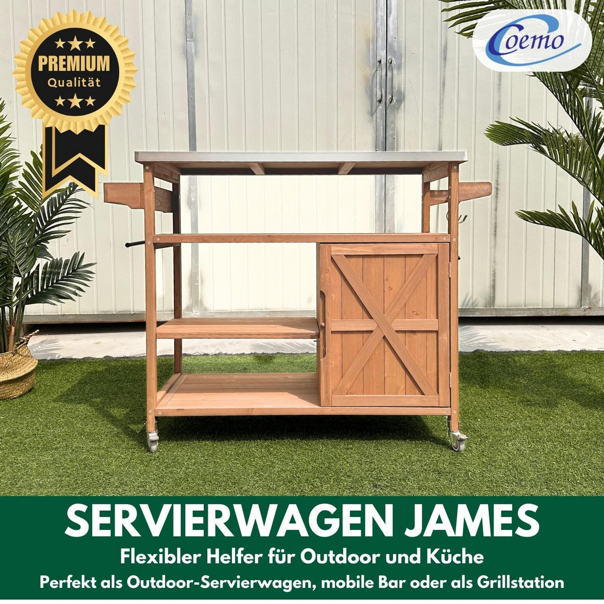 SERVIERWAGEN JAMES Outdoor 118/47/92 cm Farbe Braun - Braun, Holz (47/92/118cm) - Coemo