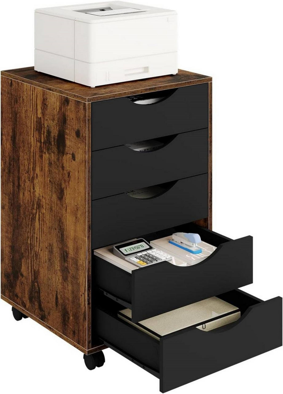 ROLLCONTAINER mit 5 Schubladen, Rustikales Braun - Dunkelbraun/Schwarz, Holzwerkstoff (40/66.5/40cm) - Woltu