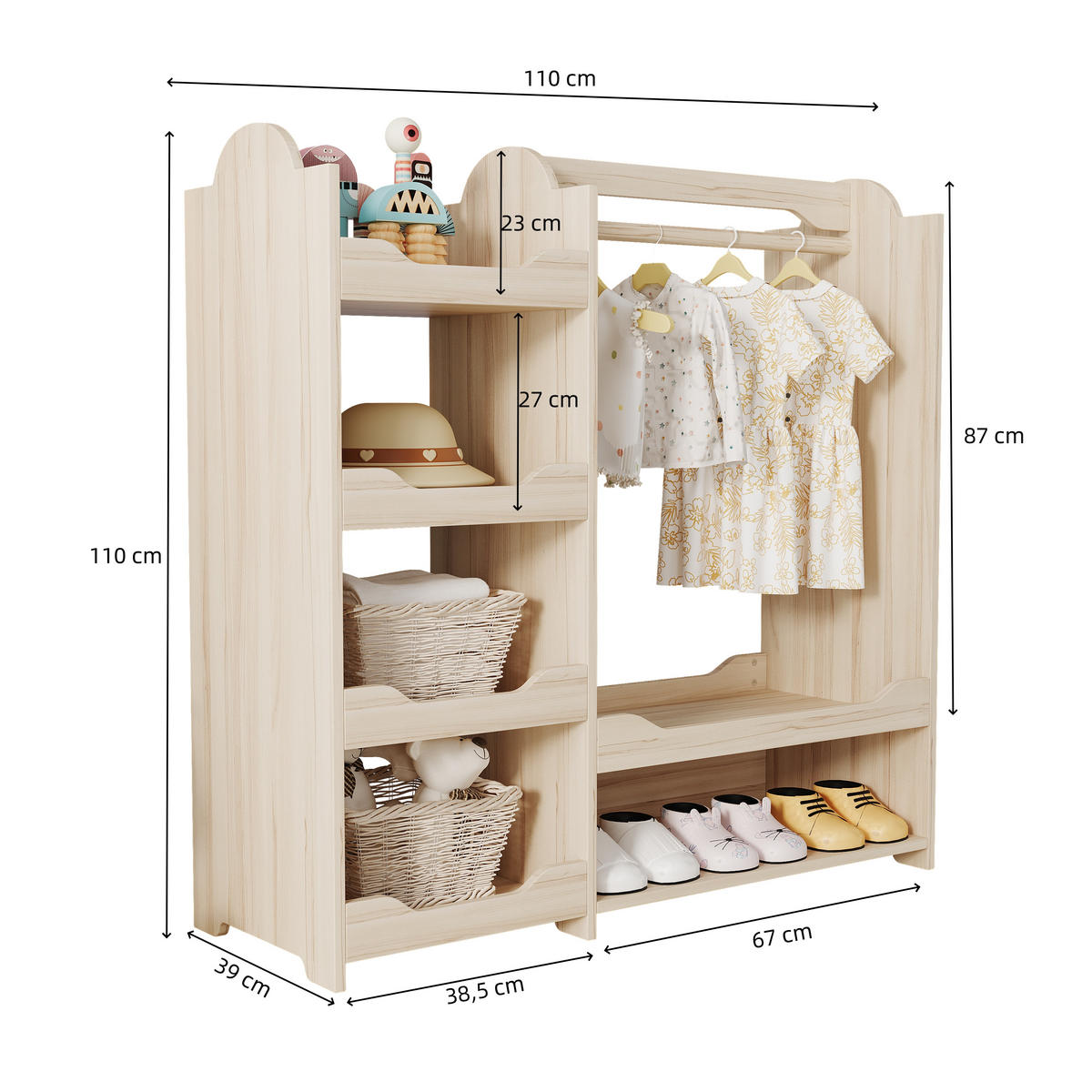 KINDER-GARDEROBE 110x39x110cm Naturholz mit Kleiderstange & 4 Regalen - Naturfarben, Holz (39/110/110cm) - FLIEKS