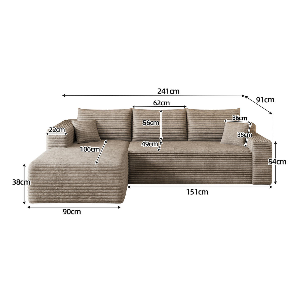 KUTNA sofa 241 cm camel od tkanine bez montaže s ležaljkom - svijetlo siva, tekstil (151/241cm) - OKWISH