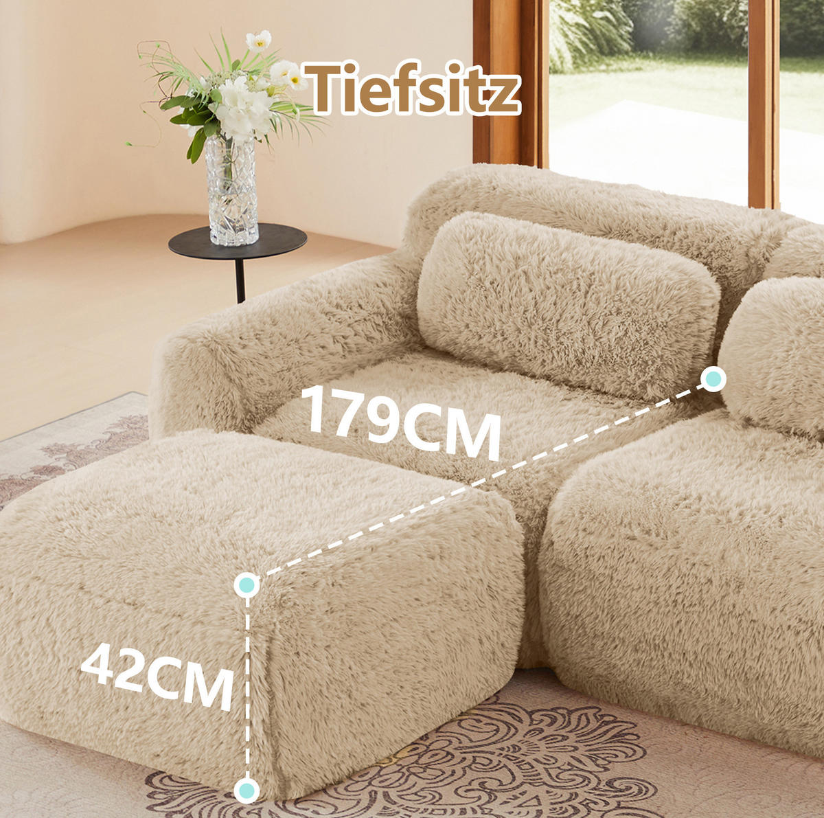 ECKSOFA in L-Form modular mit Ottoman, Premium-Plüschstoff und ohne Montage, Hellkhaki - Beige, Textil (204/179cm) - Redom