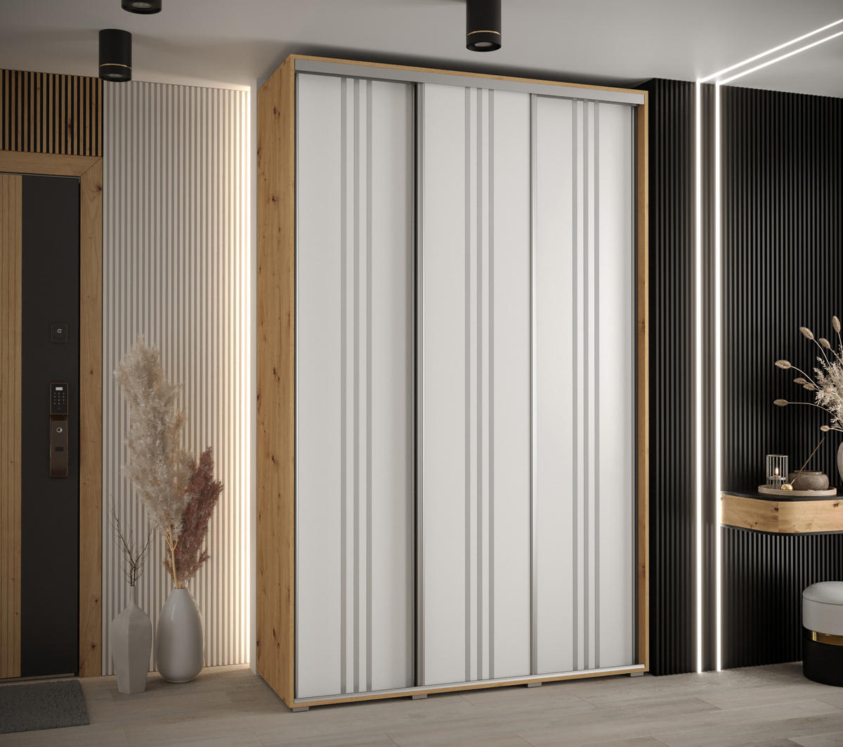 SCHWEBETÜRENSCHRANK 235,2/150/45 3-türig - Silberfarben/Eiche Artisan, Holz/Metall (150/235/45cm) - Abiks Möbel