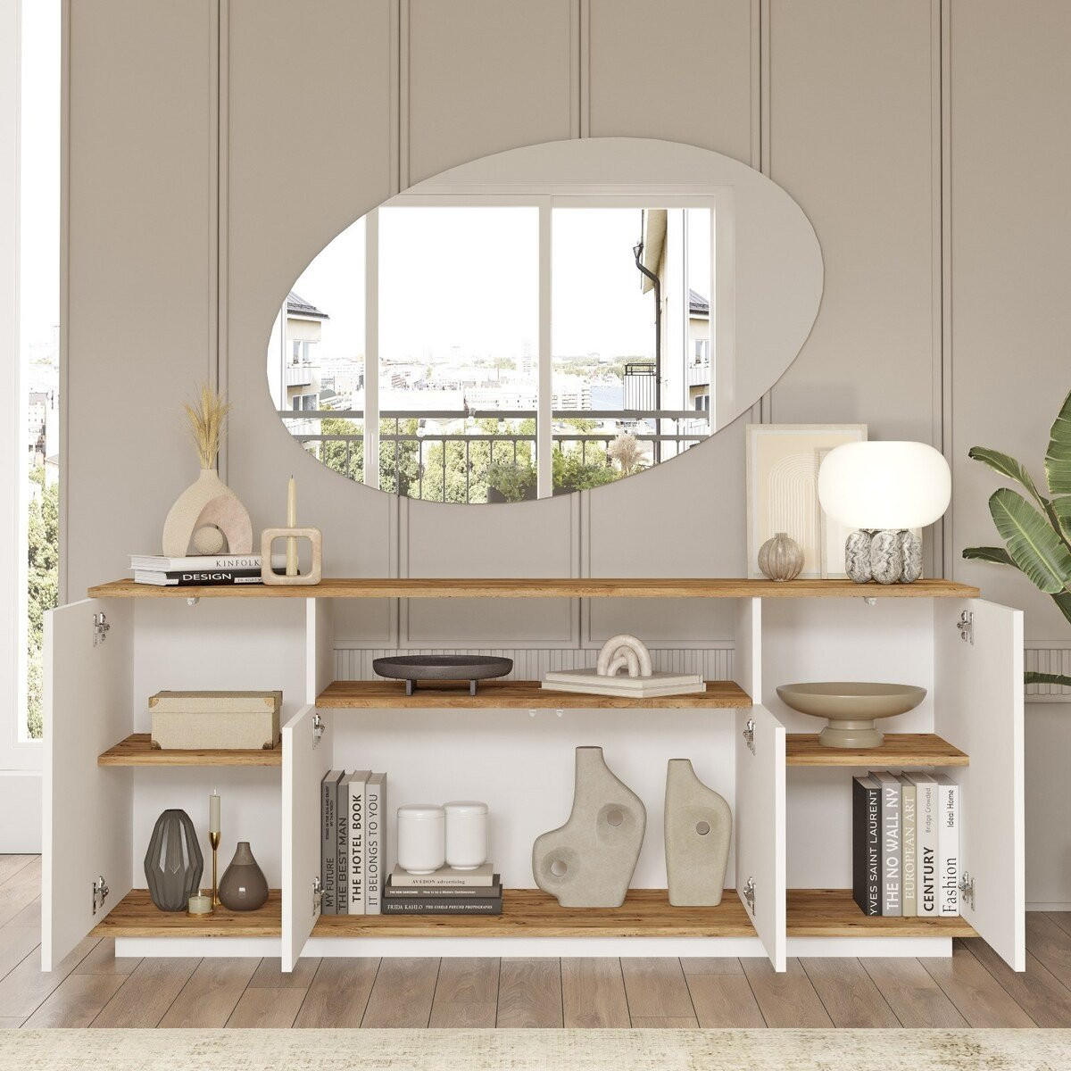 SIDEBOARD 4 Türen, 1 offenes Fach Dekor Pinienholz und Weiß B180 cm - Apfelbaumfarben, Holz/Holzwerkstoff (44.5/75/180cm) - Calicosy