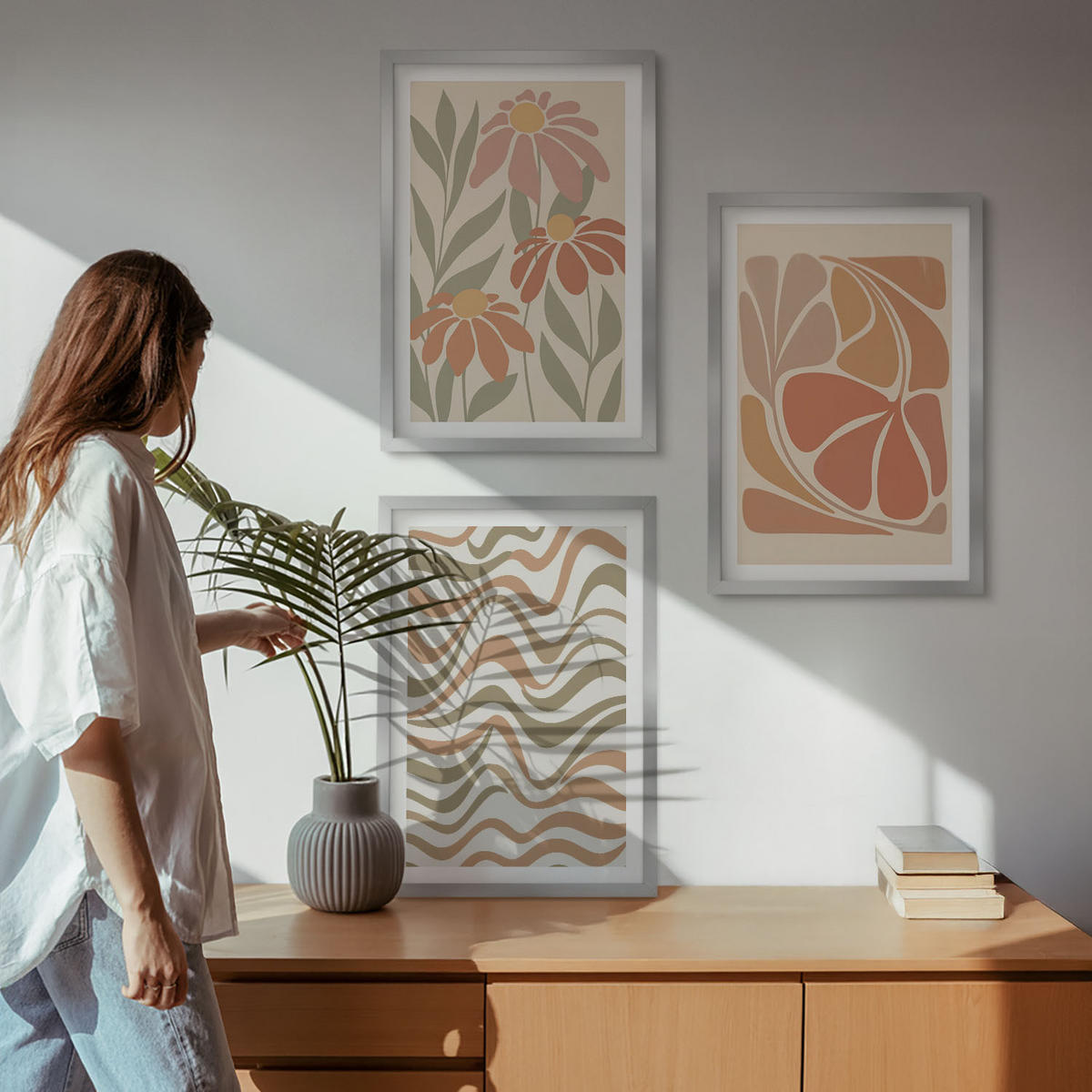 BILDER SET 3er Set - 40x60 cm Silberner Rahmen - Abstrakte Pastellblumen - Silberfarben, Kunststoff (40/60cm) - TULUP