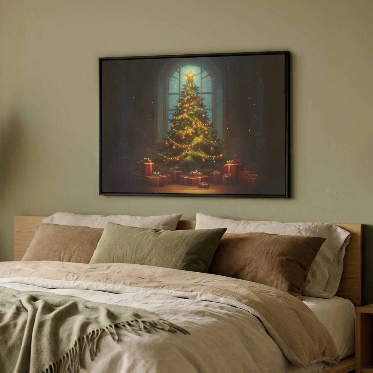 LEINWAND Bilder mit Rahmen - Weihnachtsbaum - Geschenk - Winter - 80x60 - Grün, Textil (80/60cm) - MuchoWow