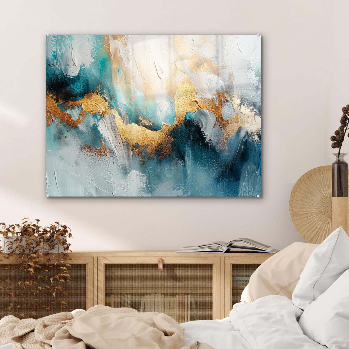 OBRAZ NA AKRYLOVOM SKLE Abstraktné - umenie - zlaté - modré 80x60 cm - petrolejová, sklo (80/60cm) - MuchoWow
