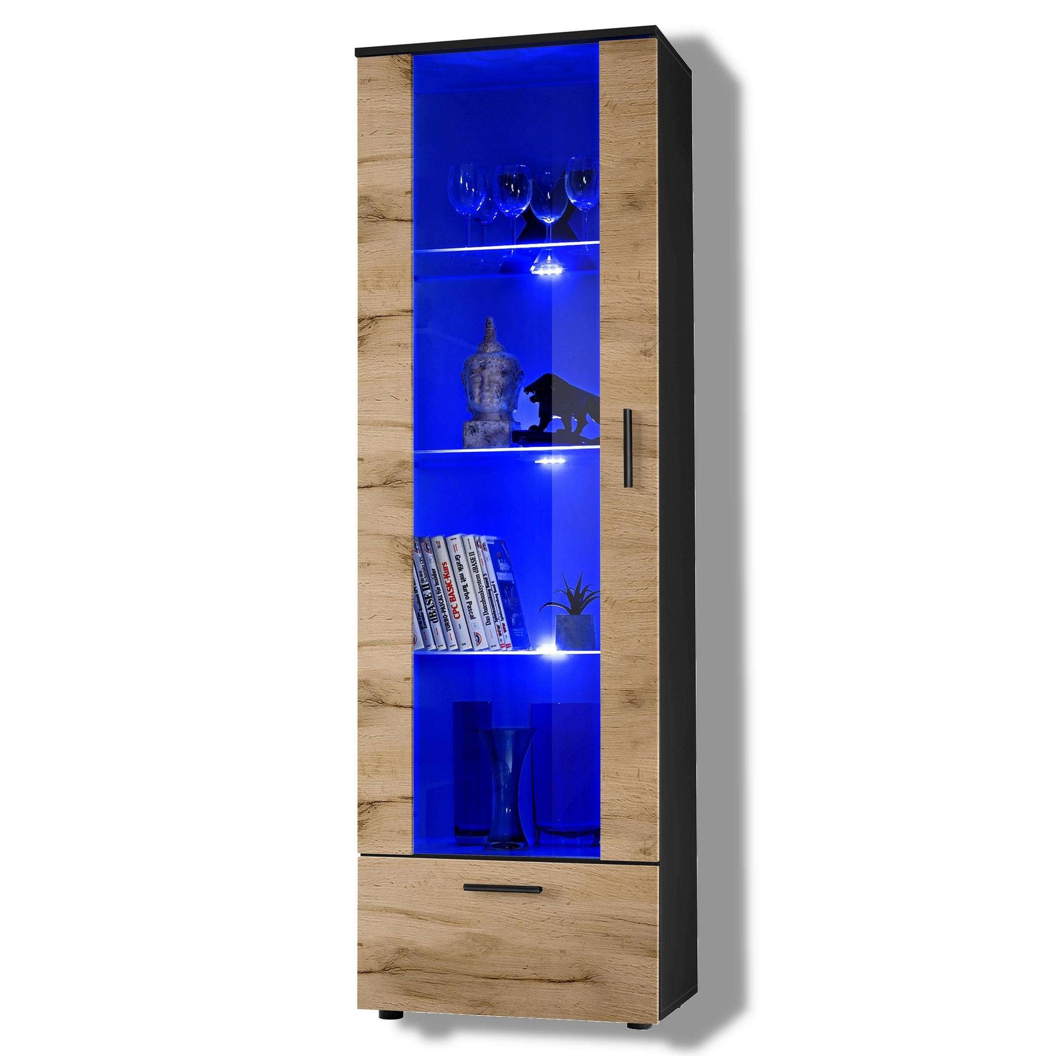 VITRINE ALESSANDRIA, Wotan, LED Blau - Eiche Wotan/Schwarz, Glas/Holzwerkstoff (60/192/42cm) - Komodee