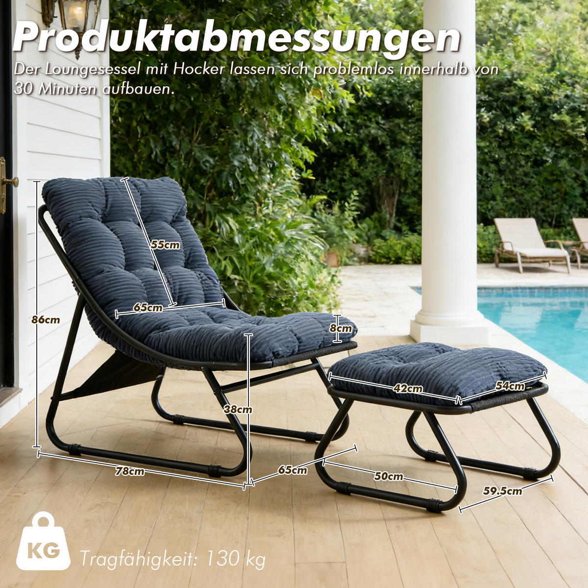 SESSELSET, Relaxsessel mit Hocker,Stahlrahmen,Cord,Blau - Blau, Metall (78/86/65cm) - LVHOM